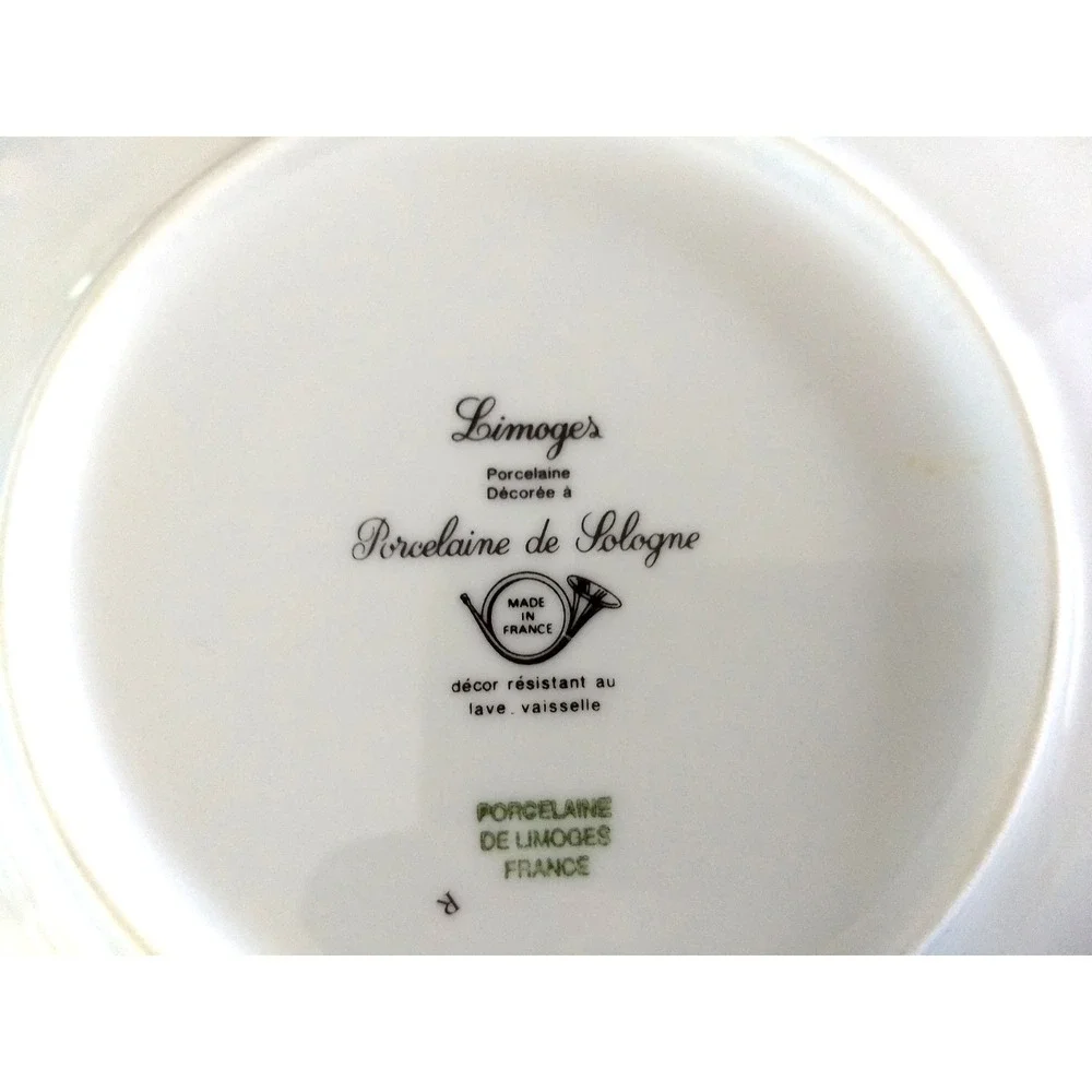 Limoges Porcelaine de Sologne Canape Plates France Camembert Cheese & Wine Set/4